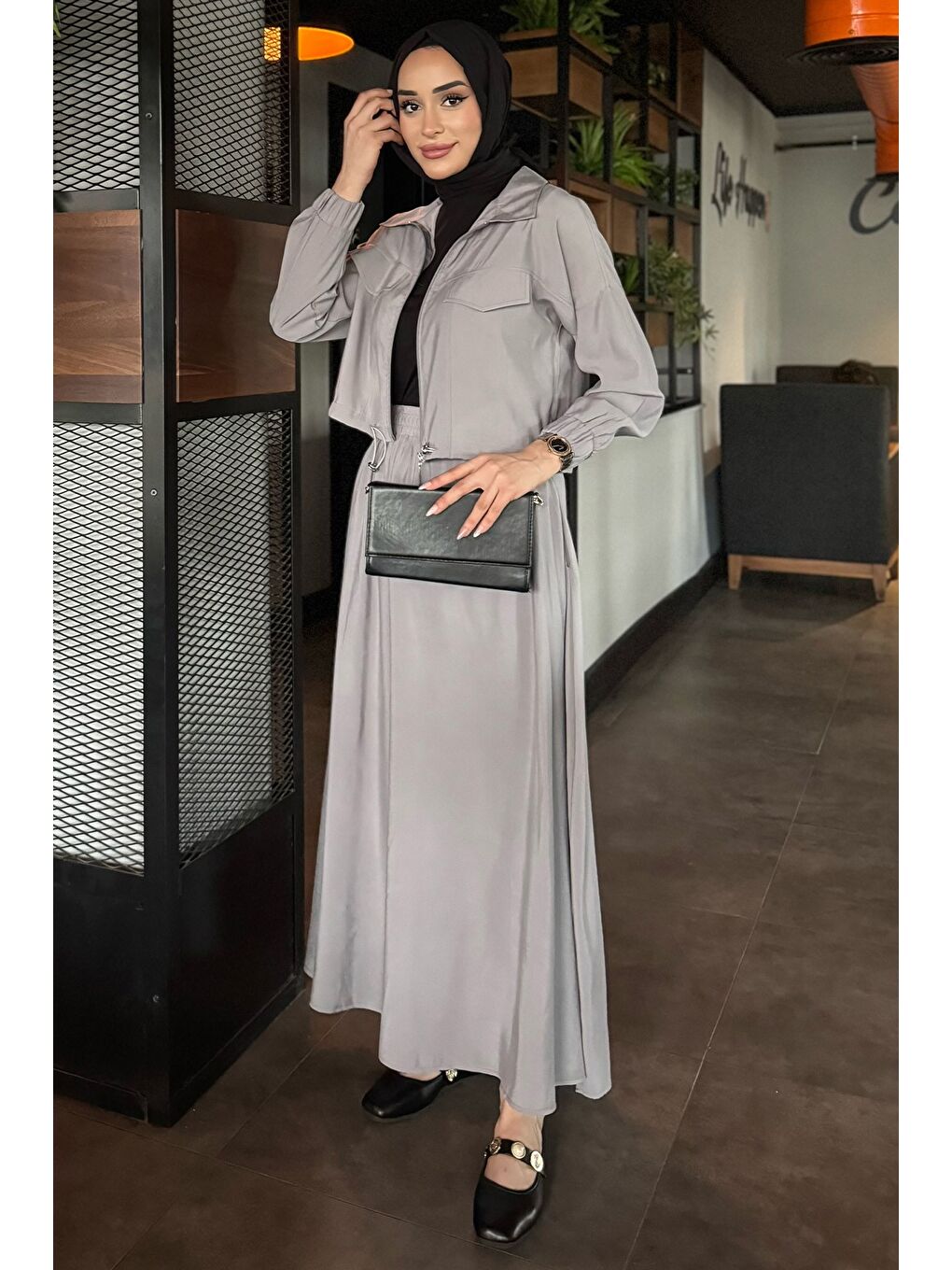 Gri Ön Fermuarlı Paraşüt Kumaş Etek Ceket Tesettür İkili Takım-3