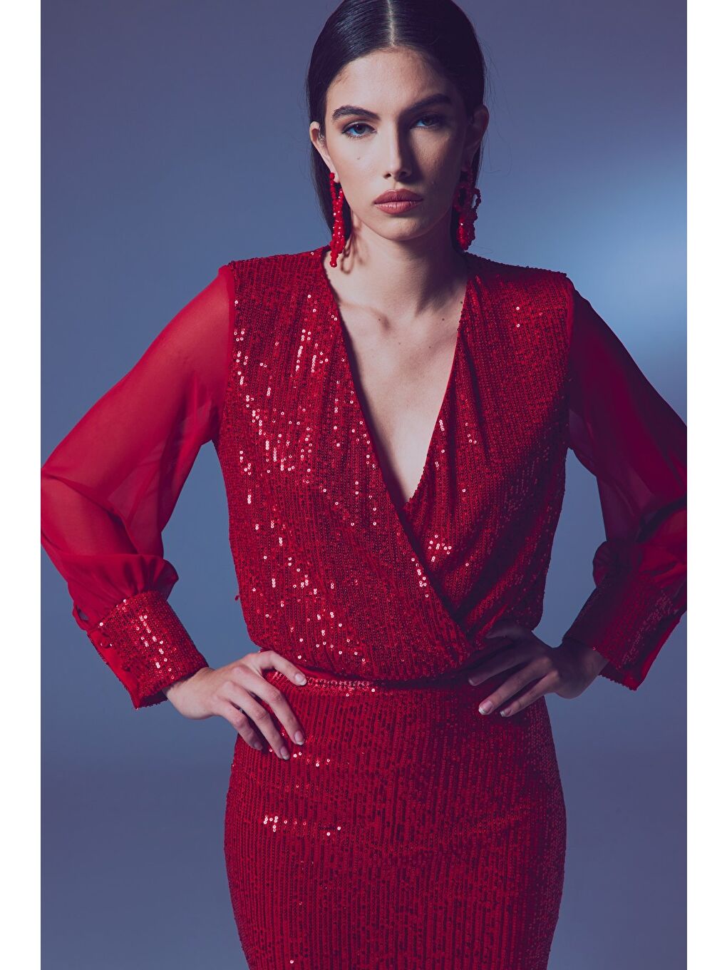 Şifon Kol Bodysuit Bluz - Kırmızı-2