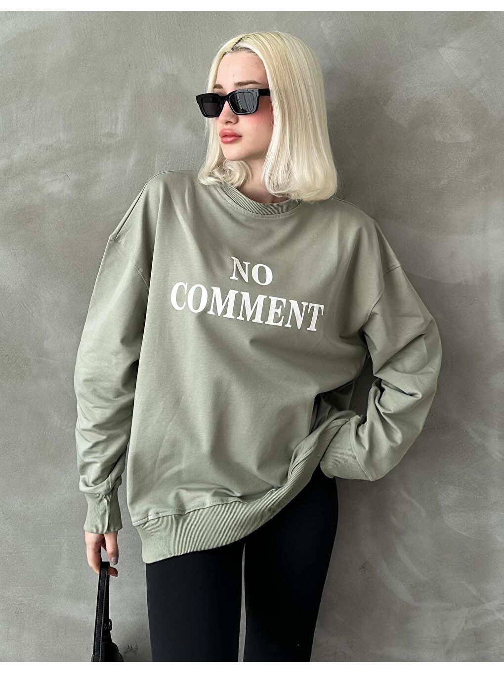 Mint Yeşili Bisiklet Yaka Baskılı Oversize Kadın Sweatshirt Mg1902