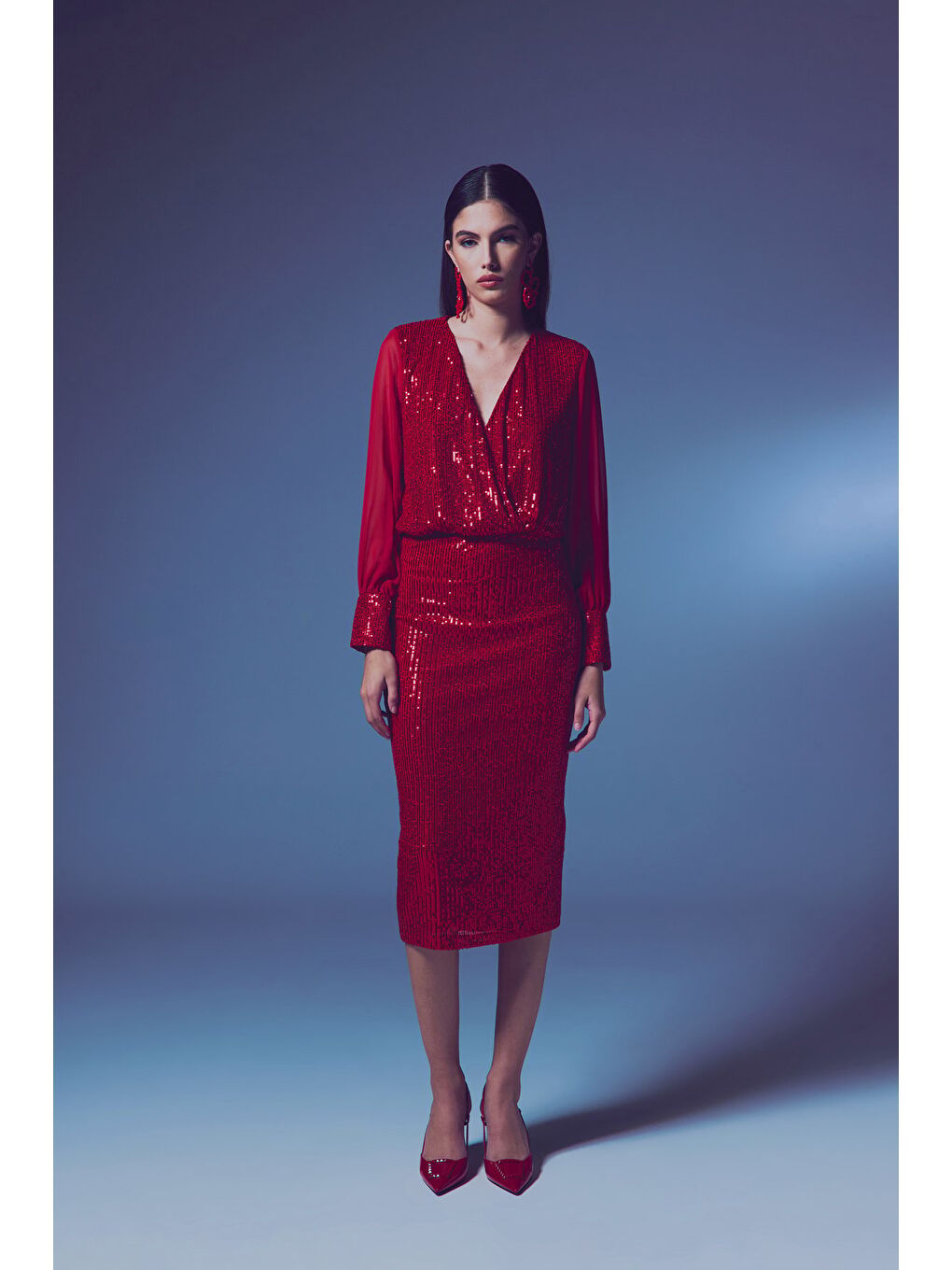 Şifon Kol Bodysuit Bluz - Kırmızı-3