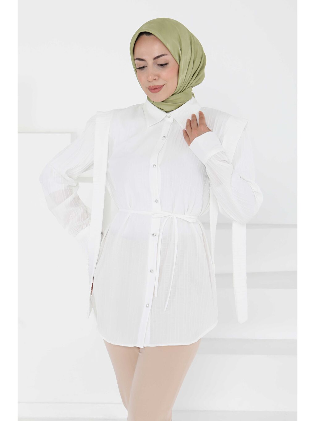 Omuz Bağlama Detaylı Tunik Beyaz - 27195-1