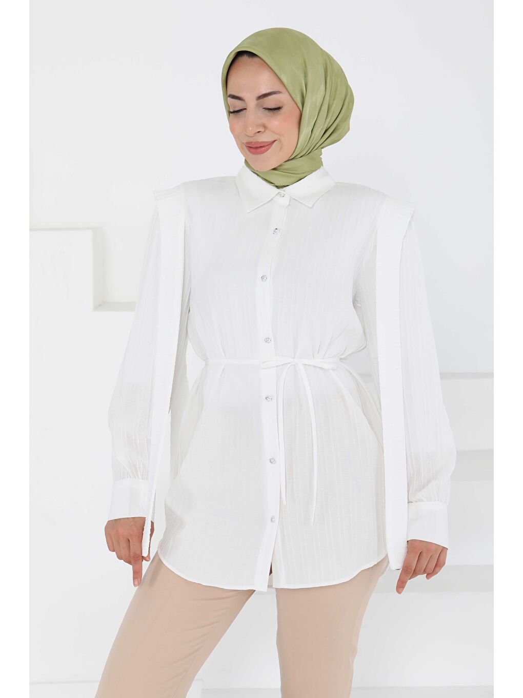 Omuz Bağlama Detaylı Tunik Beyaz - 27195-2