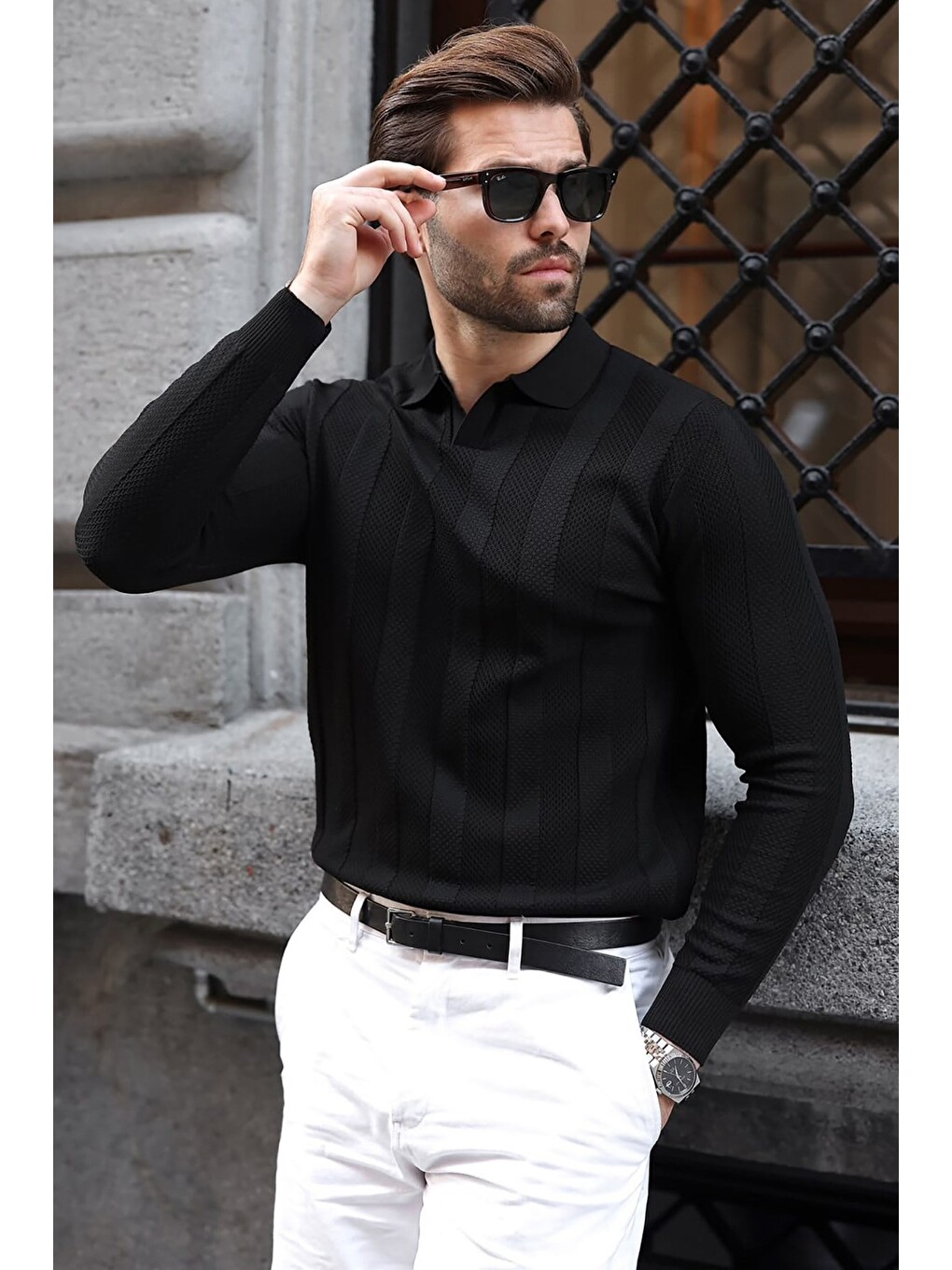 Siyah Regular Fit Polo Yaka Triko Erkek Kazak E7509-4