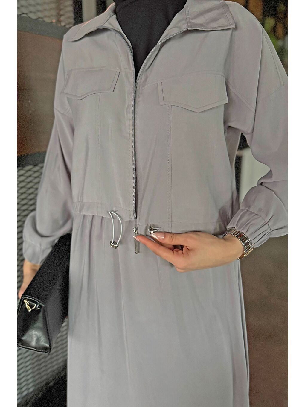 Gri Ön Fermuarlı Paraşüt Kumaş Etek Ceket Tesettür İkili Takım-5