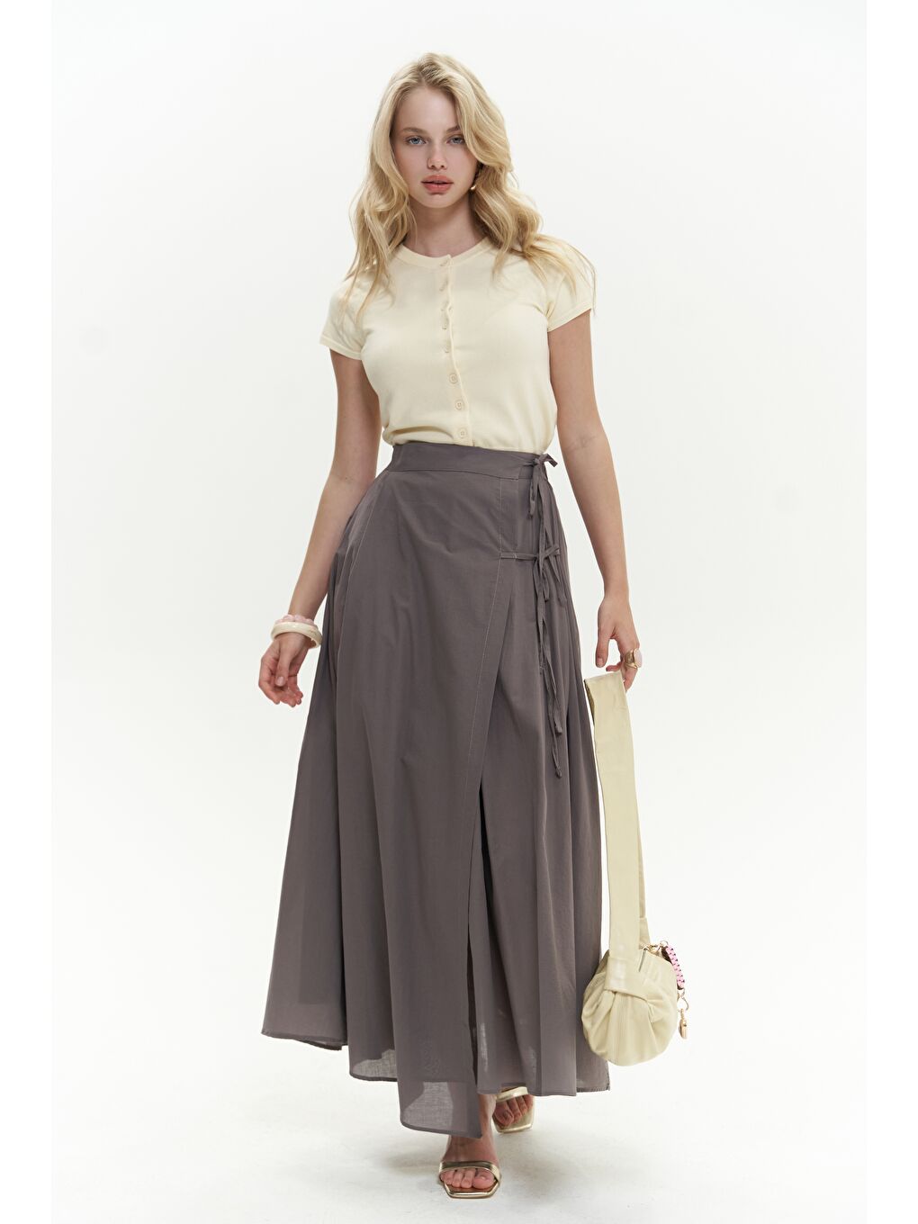 Gri Aida İp Detay Pileli Füme Etek