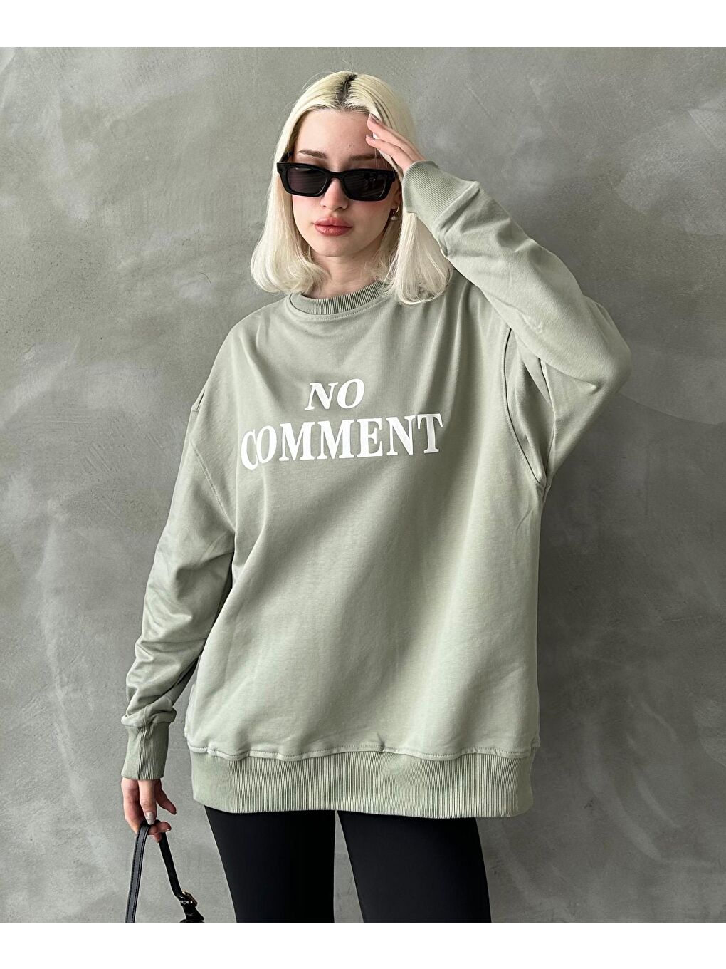 Mint Yeşili Bisiklet Yaka Baskılı Oversize Kadın Sweatshirt Mg1902-1