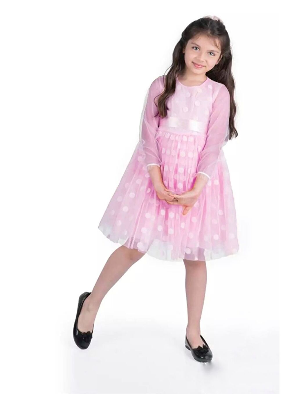 Pembe Prenses İri Puanlı Tokalı Dantel Kumaş Kız Çocuk Elbise MNK0547-1