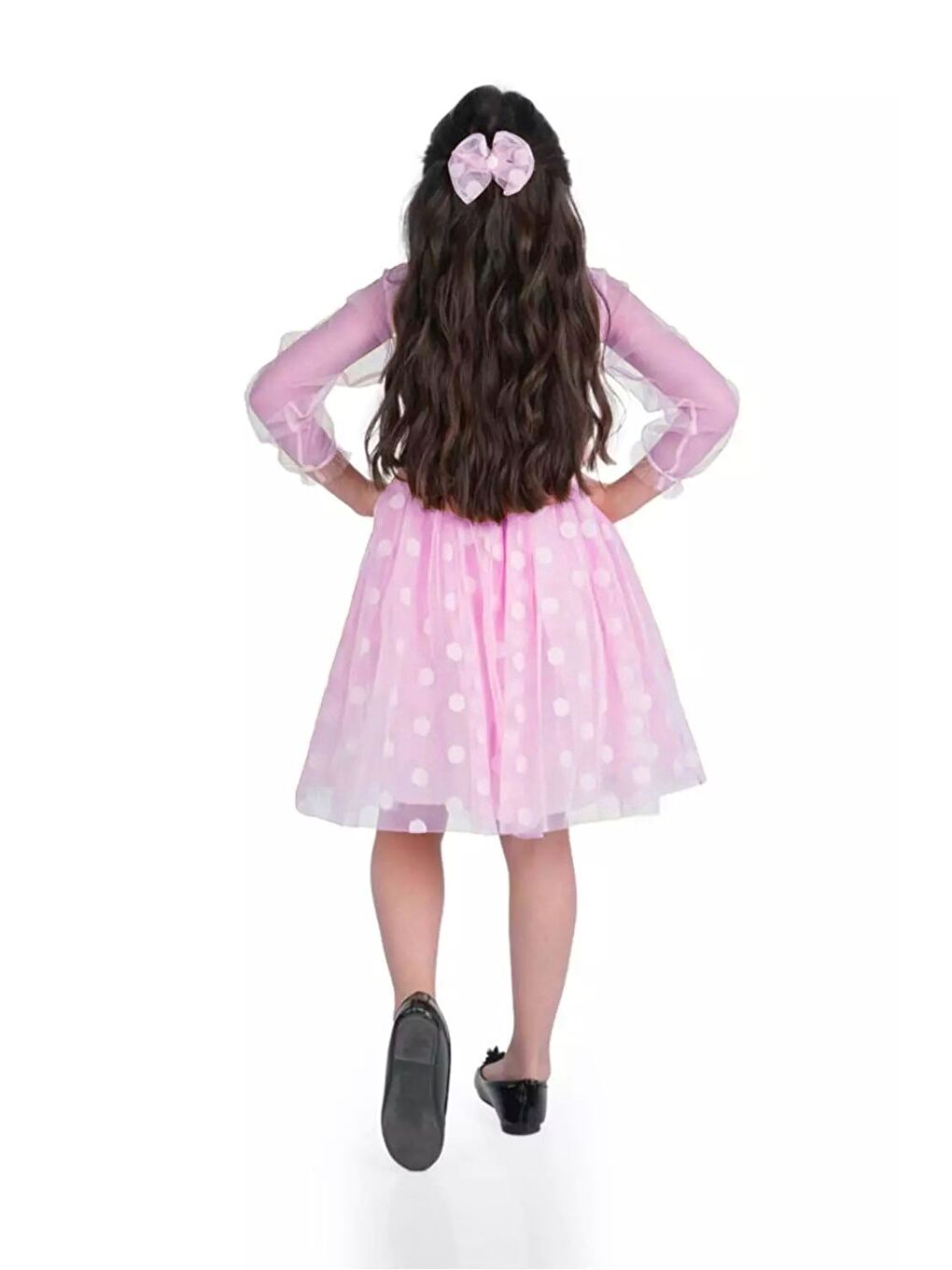Pembe Prenses İri Puanlı Tokalı Dantel Kumaş Kız Çocuk Elbise MNK0547-2