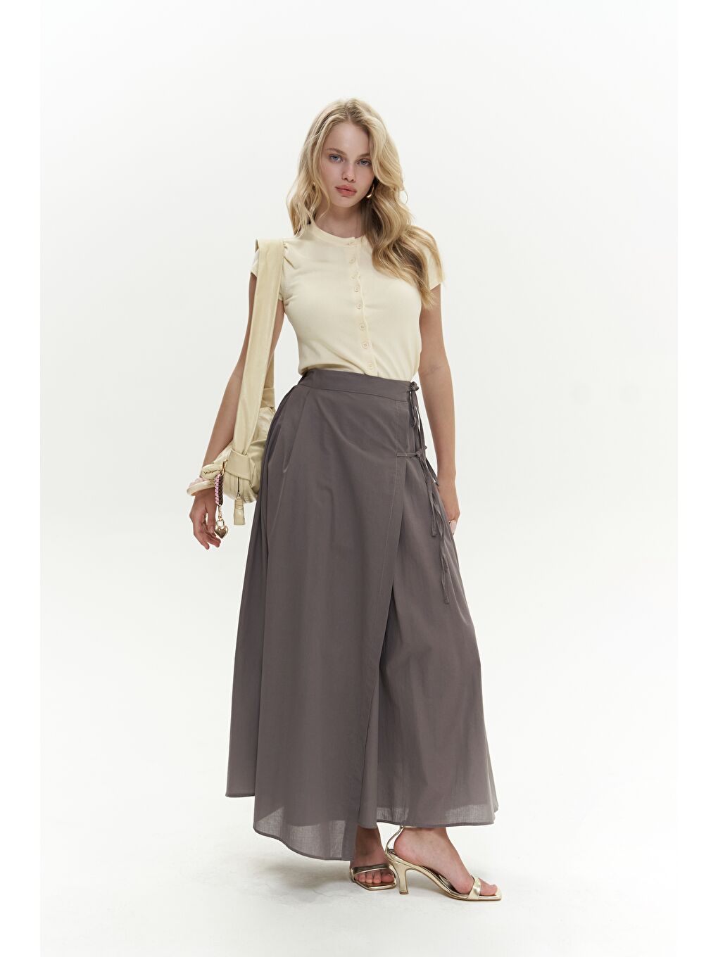 Gri Aida İp Detay Pileli Füme Etek-2