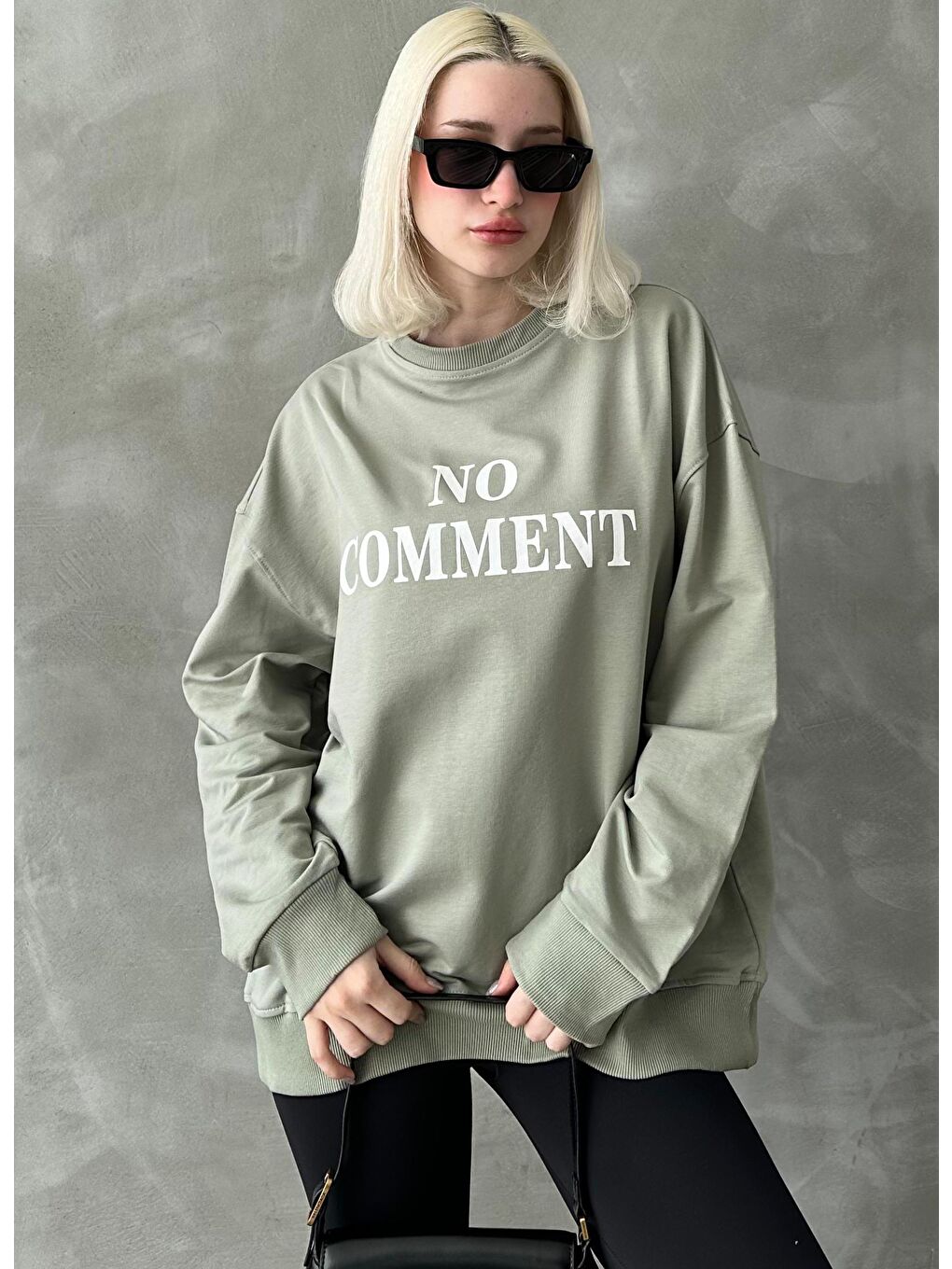 Mint Yeşili Bisiklet Yaka Baskılı Oversize Kadın Sweatshirt Mg1902-2