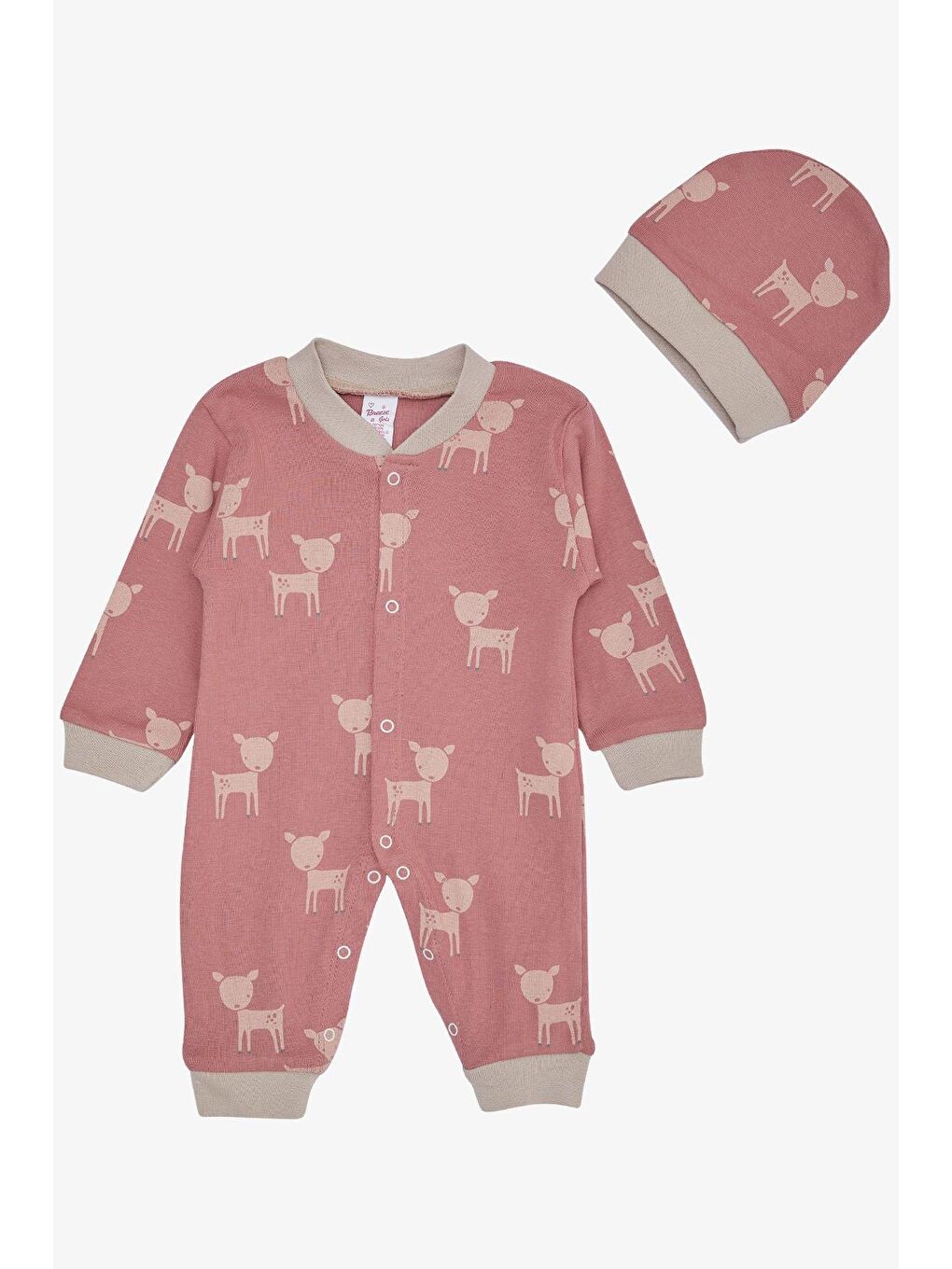 Pembe Kız Bebek Tulum Sevimli Ceylancık Desenli Gülkurusu (0-6 Ay)