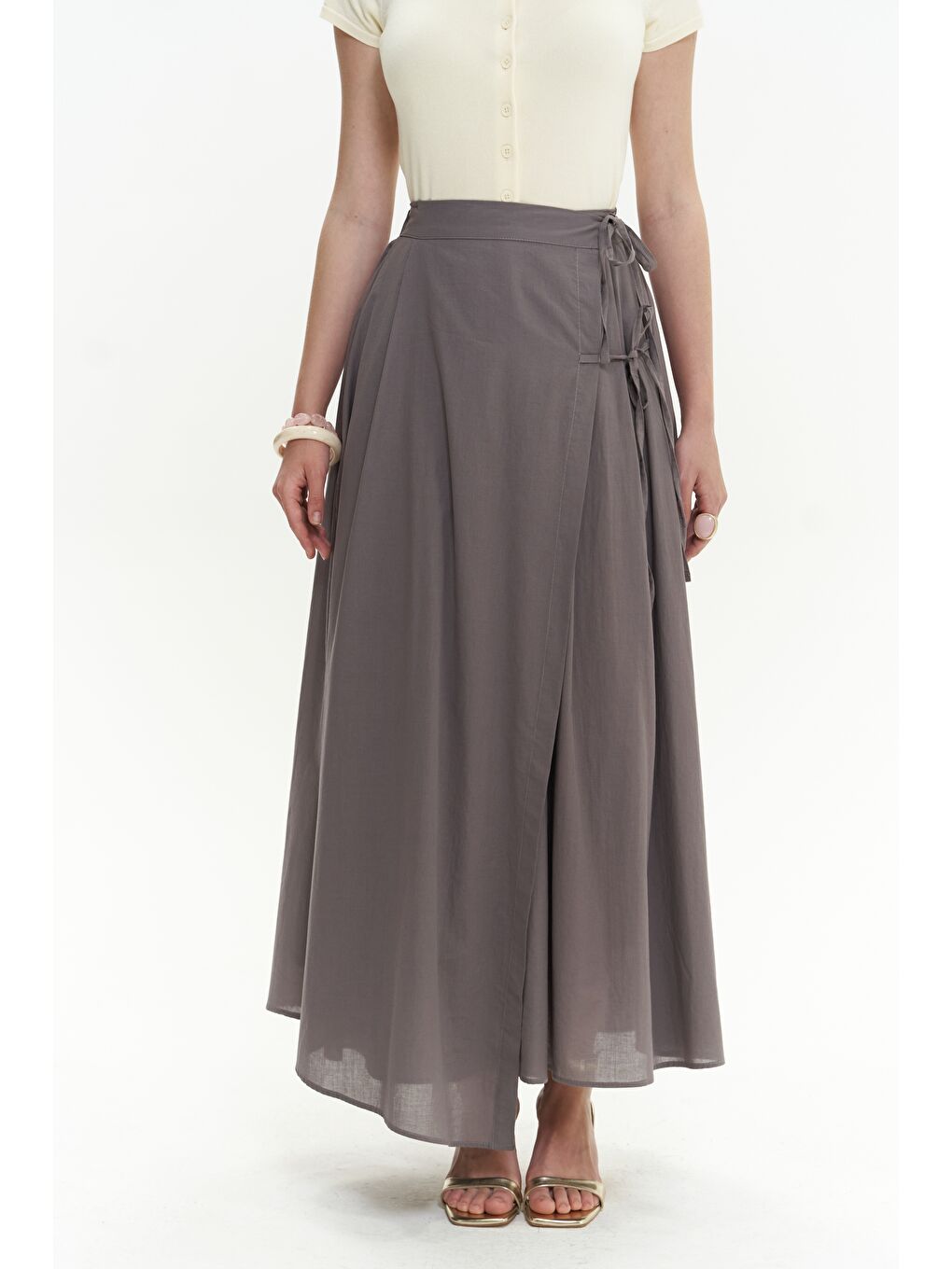 Gri Aida İp Detay Pileli Füme Etek-4