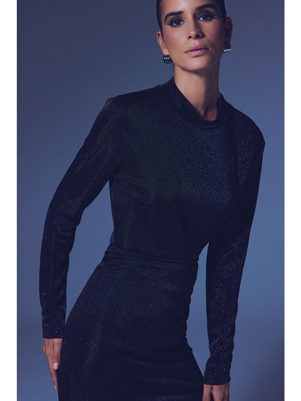 Dik Yaka Simli Bodysuit - Siyah-3