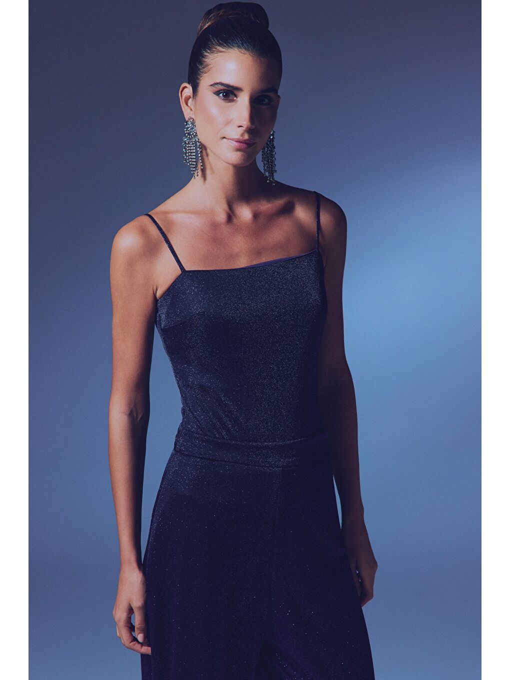 Simli İp Askılı Bodysuit - Lacivert