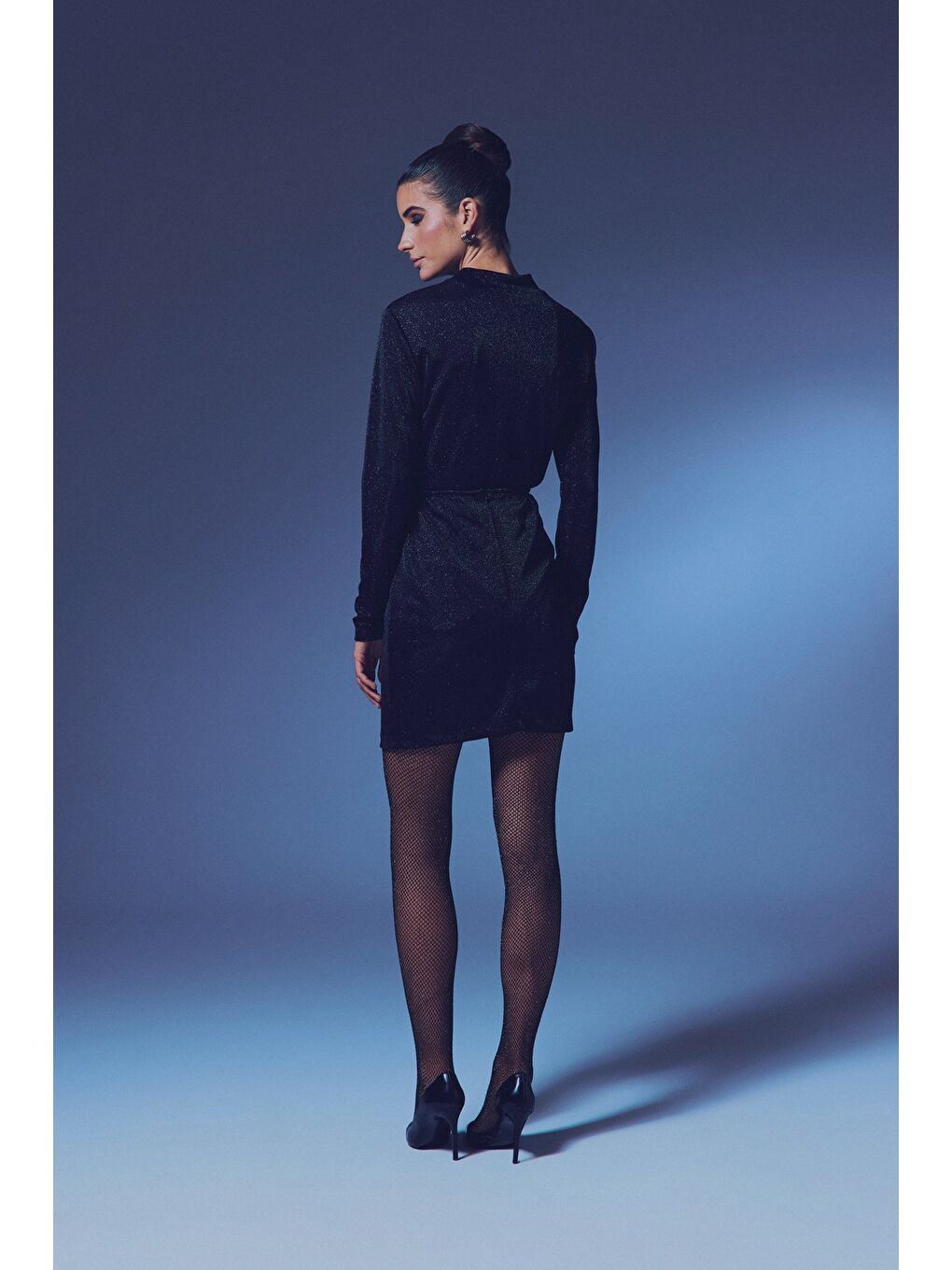 Dik Yaka Simli Bodysuit - Siyah-4