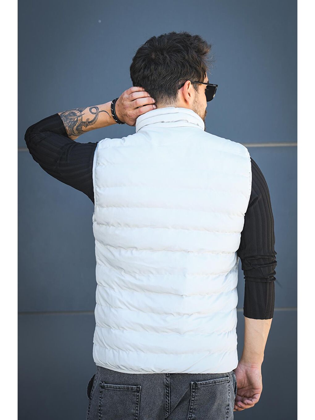 Gri Doxfa Suya Dayanıklı Cepli Fermuar Detaylı Dik Yaka Erkek Şişme Yelek-2