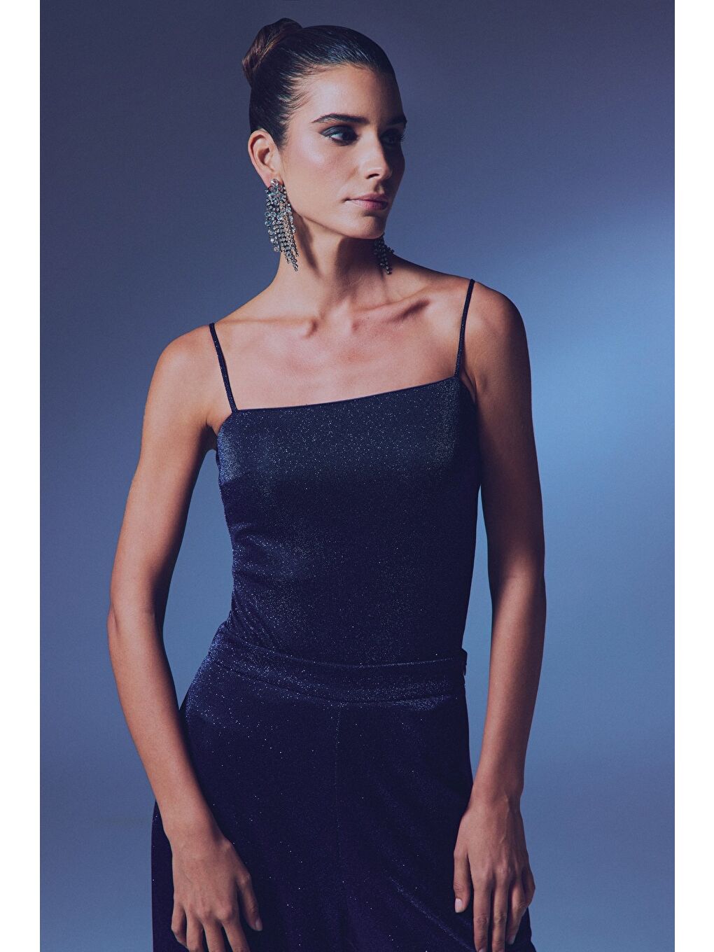 Simli İp Askılı Bodysuit - Lacivert-1