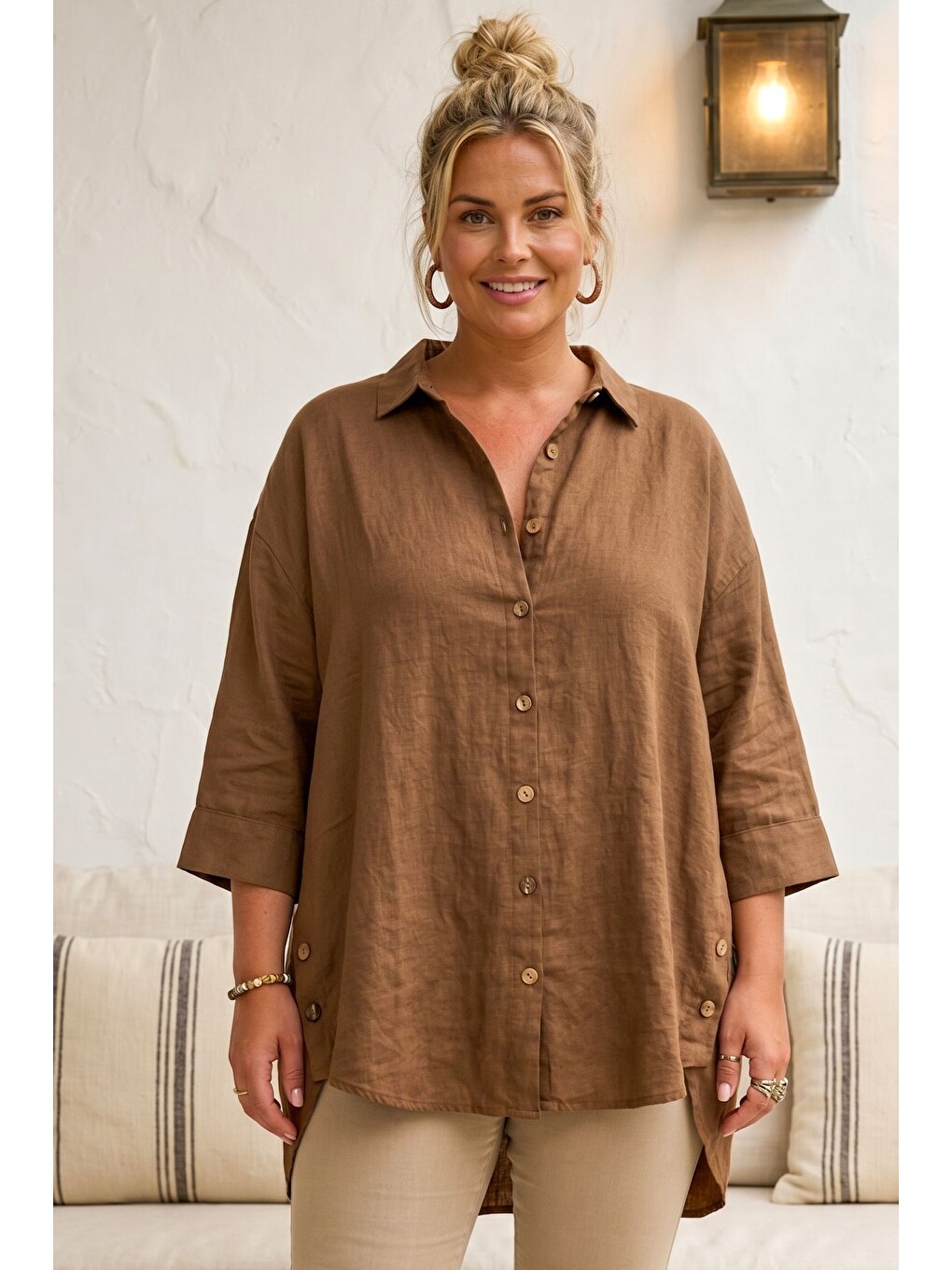 Kahverengi Tarçın Rengi Gömlek Yaka 3/4 Kol Düğmeli Casual Keten Görünümlü Oversize Dokuma Gömlek 75 72-2