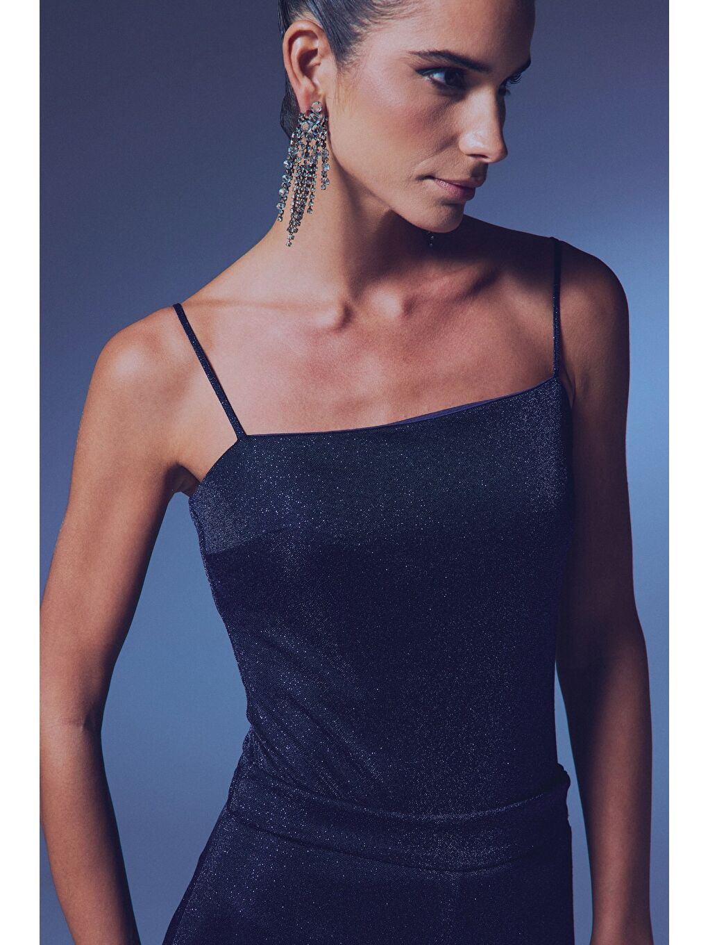 Simli İp Askılı Bodysuit - Lacivert-2