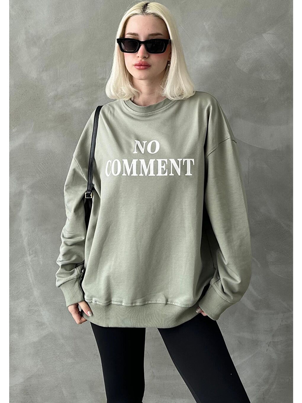 Mint Yeşili Bisiklet Yaka Baskılı Oversize Kadın Sweatshirt Mg1902-3