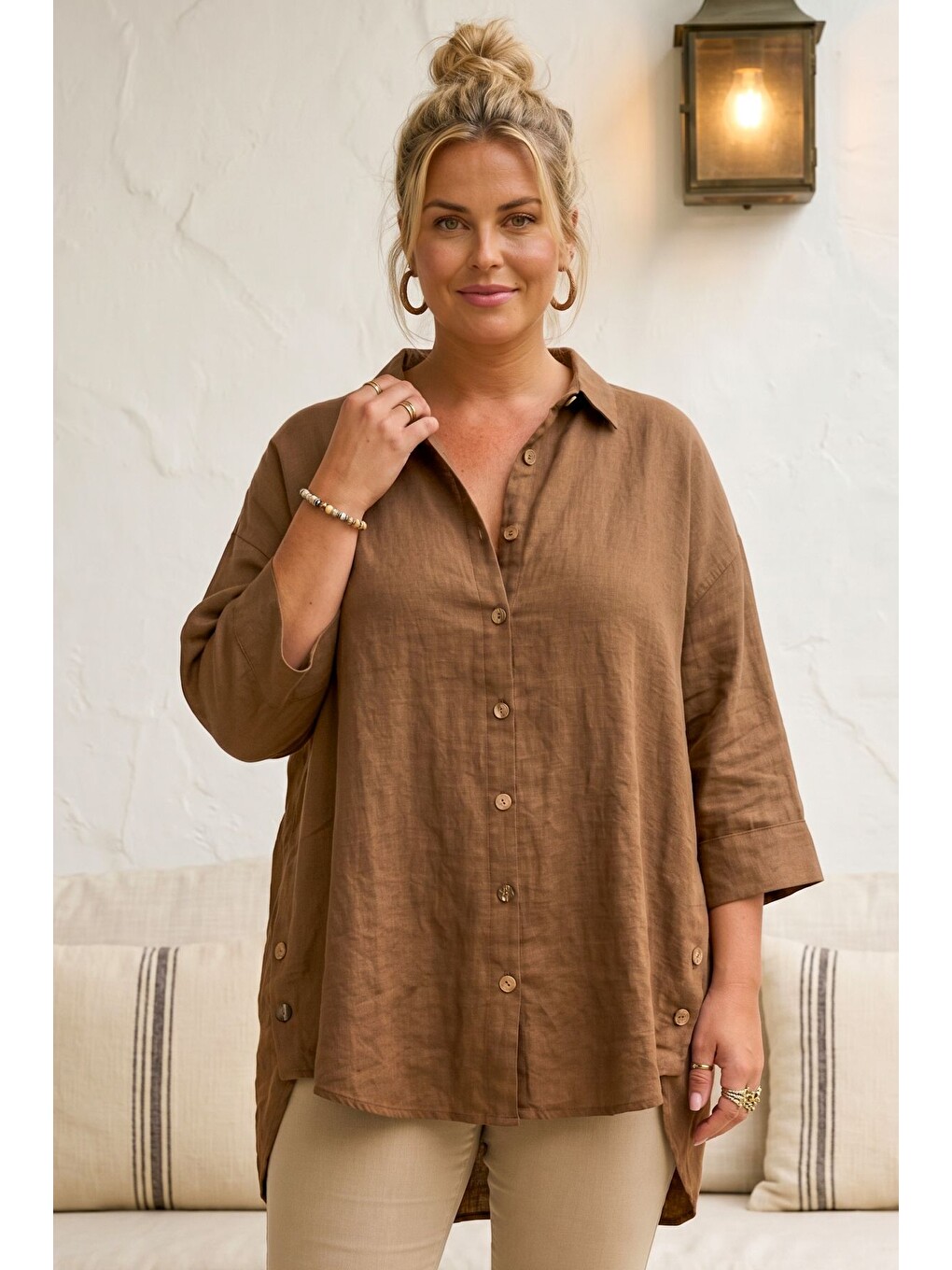 Kahverengi Tarçın Rengi Gömlek Yaka 3/4 Kol Düğmeli Casual Keten Görünümlü Oversize Dokuma Gömlek 75 72-3