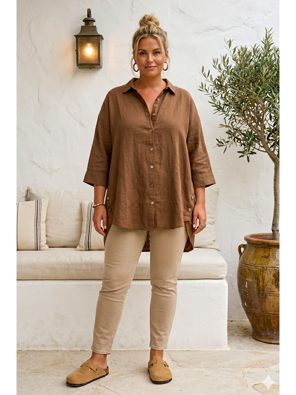 Kahverengi Tarçın Rengi Gömlek Yaka 3/4 Kol Düğmeli Casual Keten Görünümlü Oversize Dokuma Gömlek 75 72-4