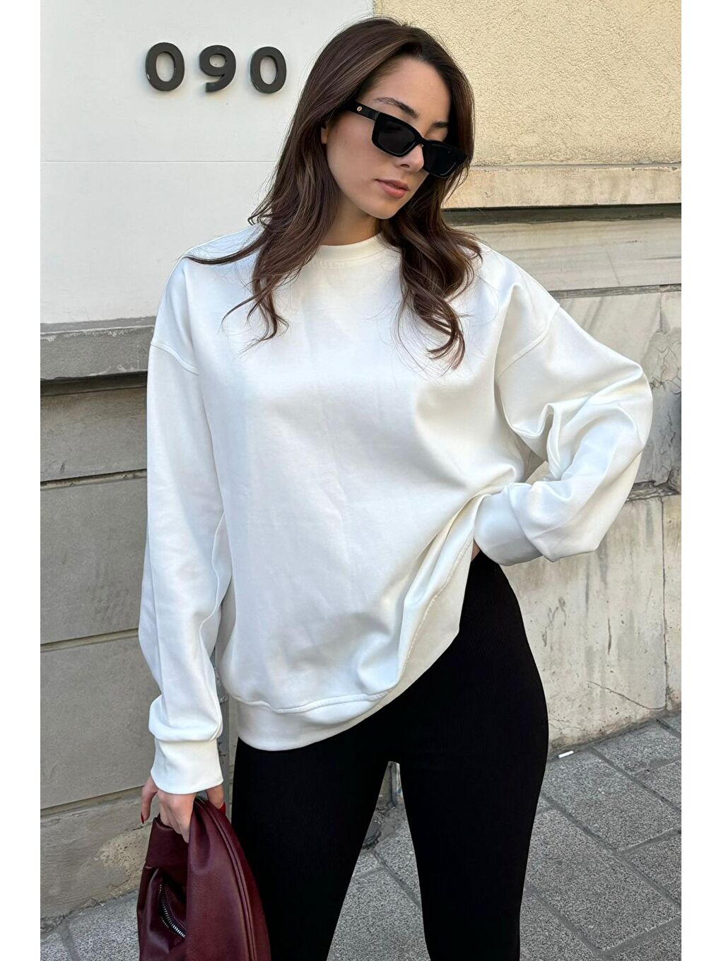 Ekru Bisiklet Yaka Basic Sweatshirt Mg2185-1