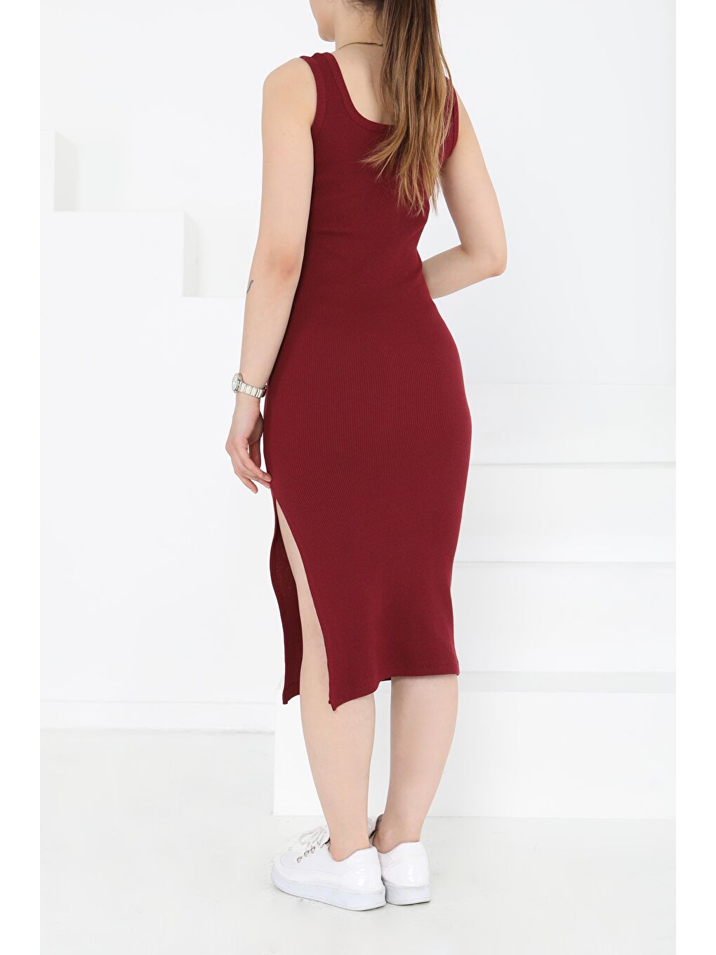 Kare Yaka Yırtmaçlı Midi Elbise Bordo - 27230-4