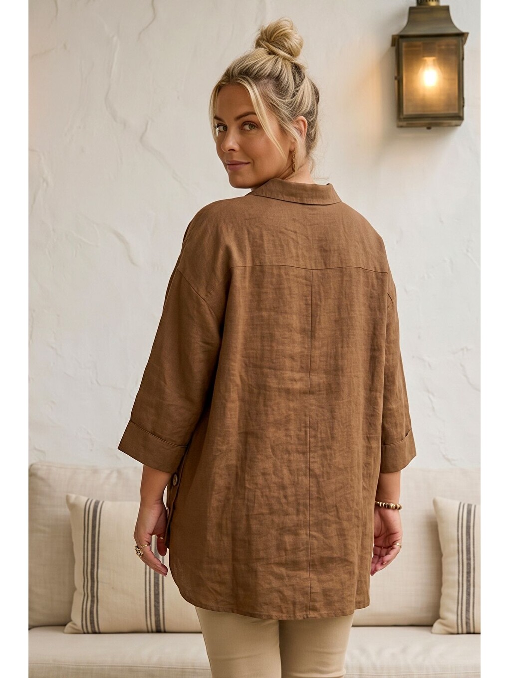 Kahverengi Tarçın Rengi Gömlek Yaka 3/4 Kol Düğmeli Casual Keten Görünümlü Oversize Dokuma Gömlek 75 72-6