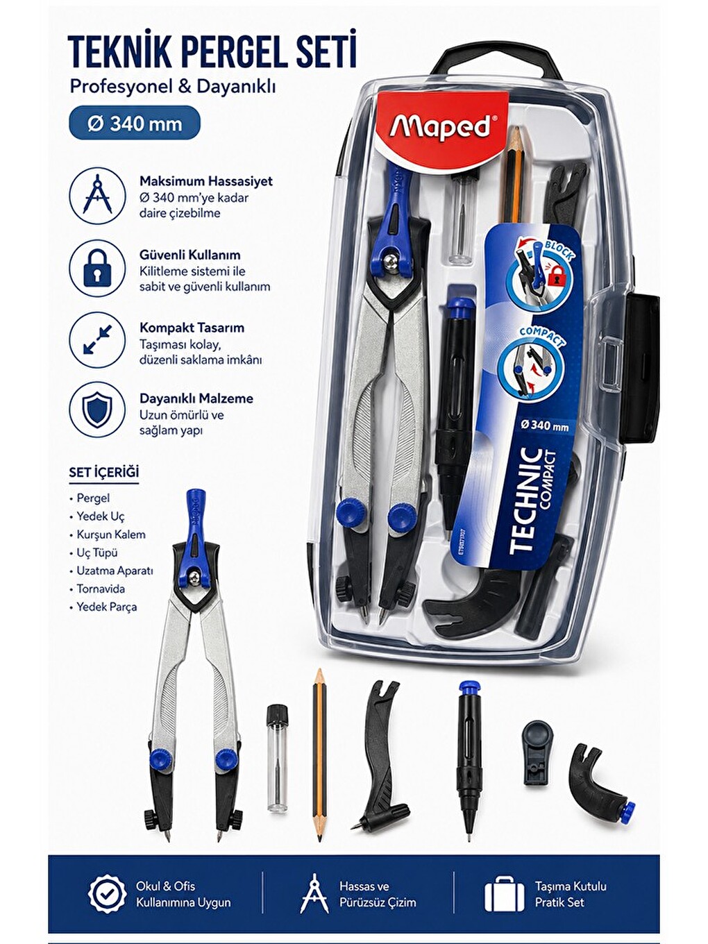 Metal Pergel Seti 7 Parça 1 Paket Maped Technic Compact Profesyonel Pergel Çizim Proje Matematik Mim