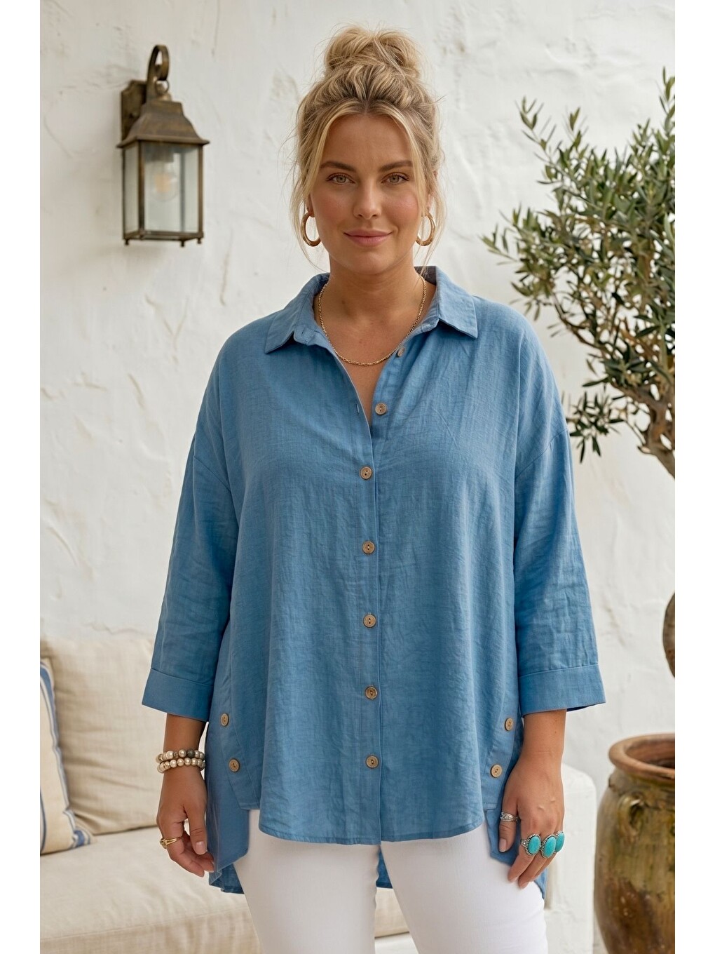 Mavi Gömlek Yaka 3/4 Kol Düğmeli Casual Keten Görünümlü Oversize Dokuma Gömlek 75 72-2