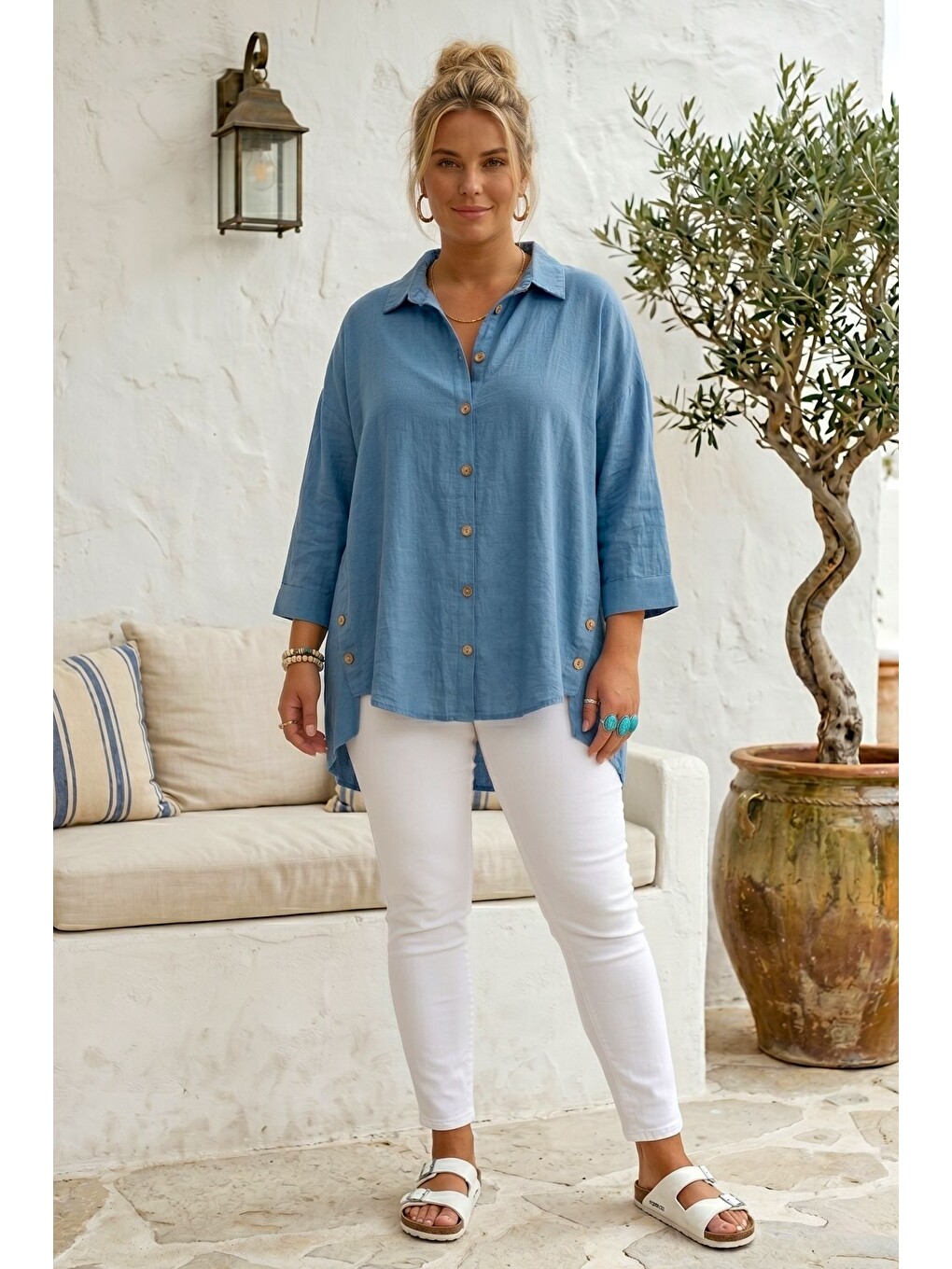 Mavi Gömlek Yaka 3/4 Kol Düğmeli Casual Keten Görünümlü Oversize Dokuma Gömlek 75 72-4