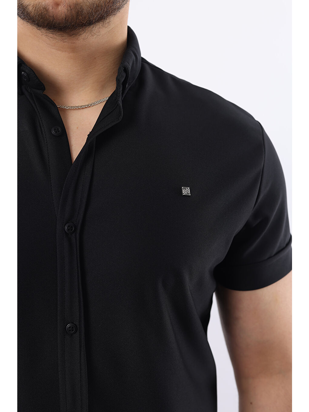 Siyah Erkek Kısa Kollu Slim Fit Yazlık Basic Gömlek-1
