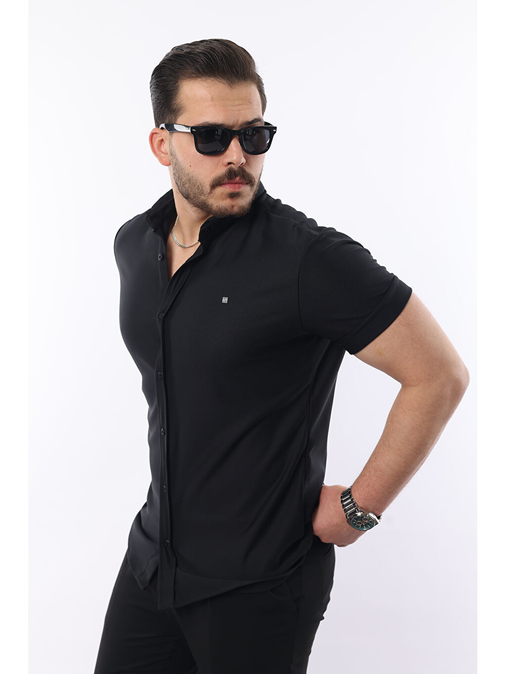 Siyah Erkek Kısa Kollu Slim Fit Yazlık Basic Gömlek-2