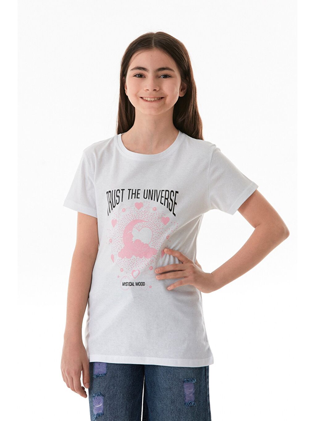 Beyaz %100 Pamuk Trust The Universe Baskılı Kız Çocuk Tişört