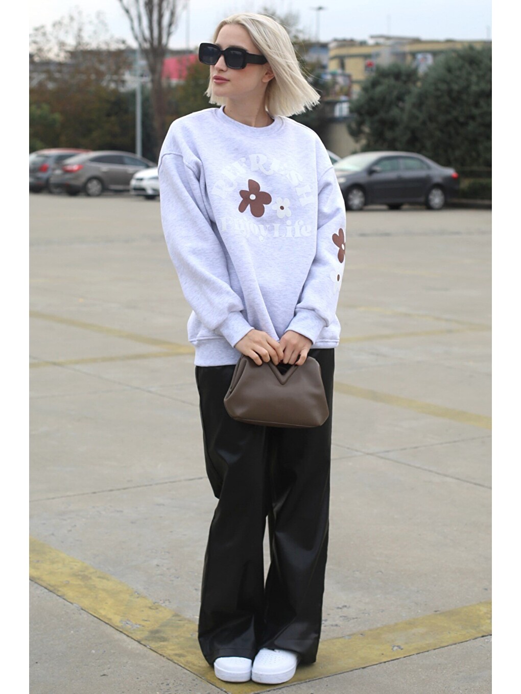Beyaz Karmelanj Bisiklet Yaka Baskılı Sweatshirt Mg1572-1
