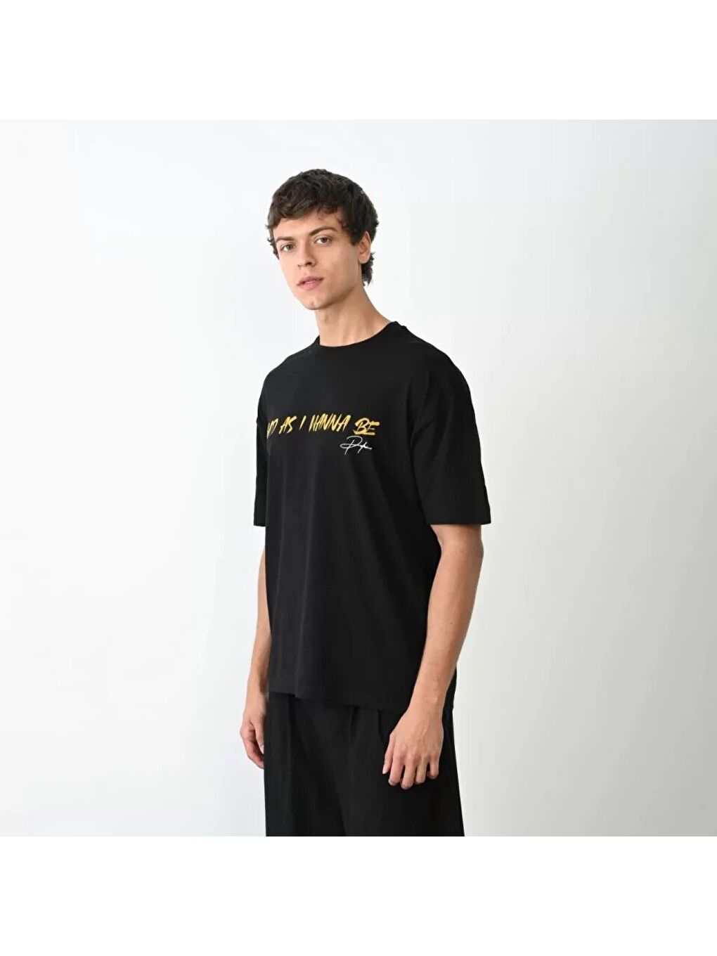 Unisex Bisiklet Yaka Baskılı Oversize T-Shirt - Siyah-1