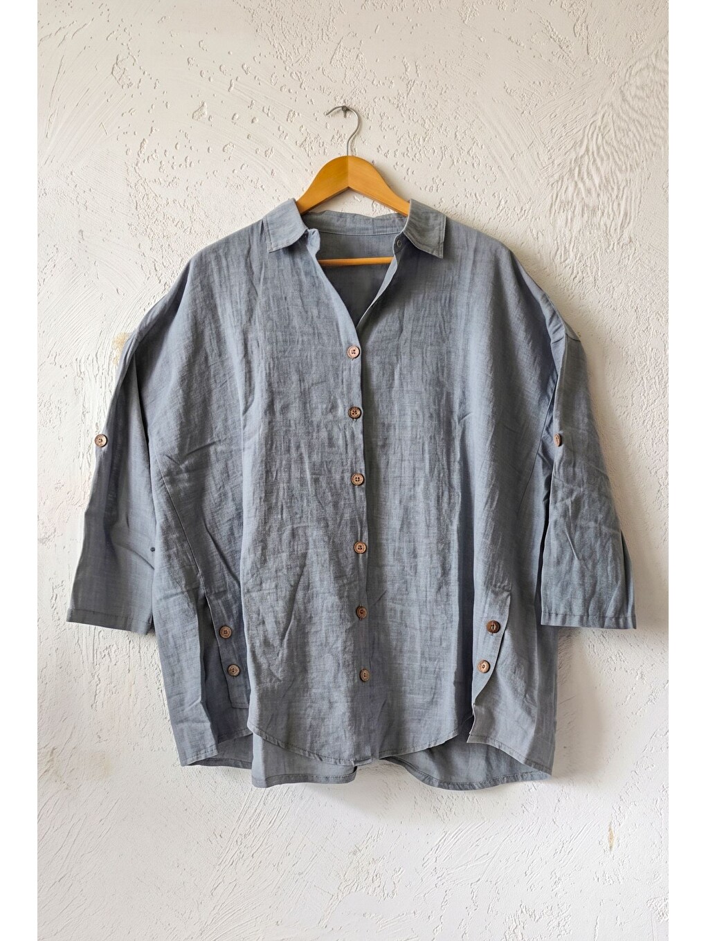 Gri Gömlek Yaka 3/4 Kol Düğmeli Casual Keten Görünümlü Oversize Dokuma Gömlek 75 72-1