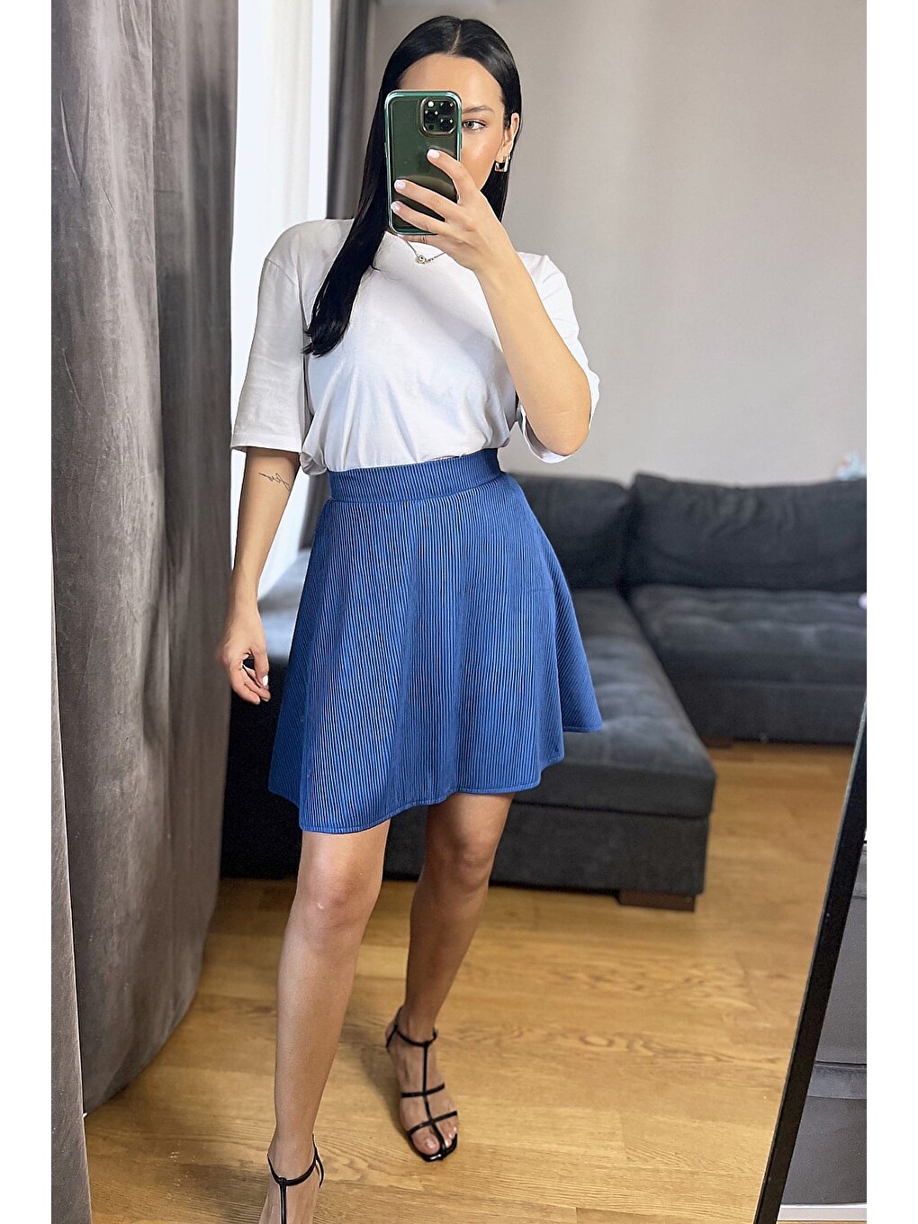 Petrol Fitilli Beli Lastikli Mini Boy Etek