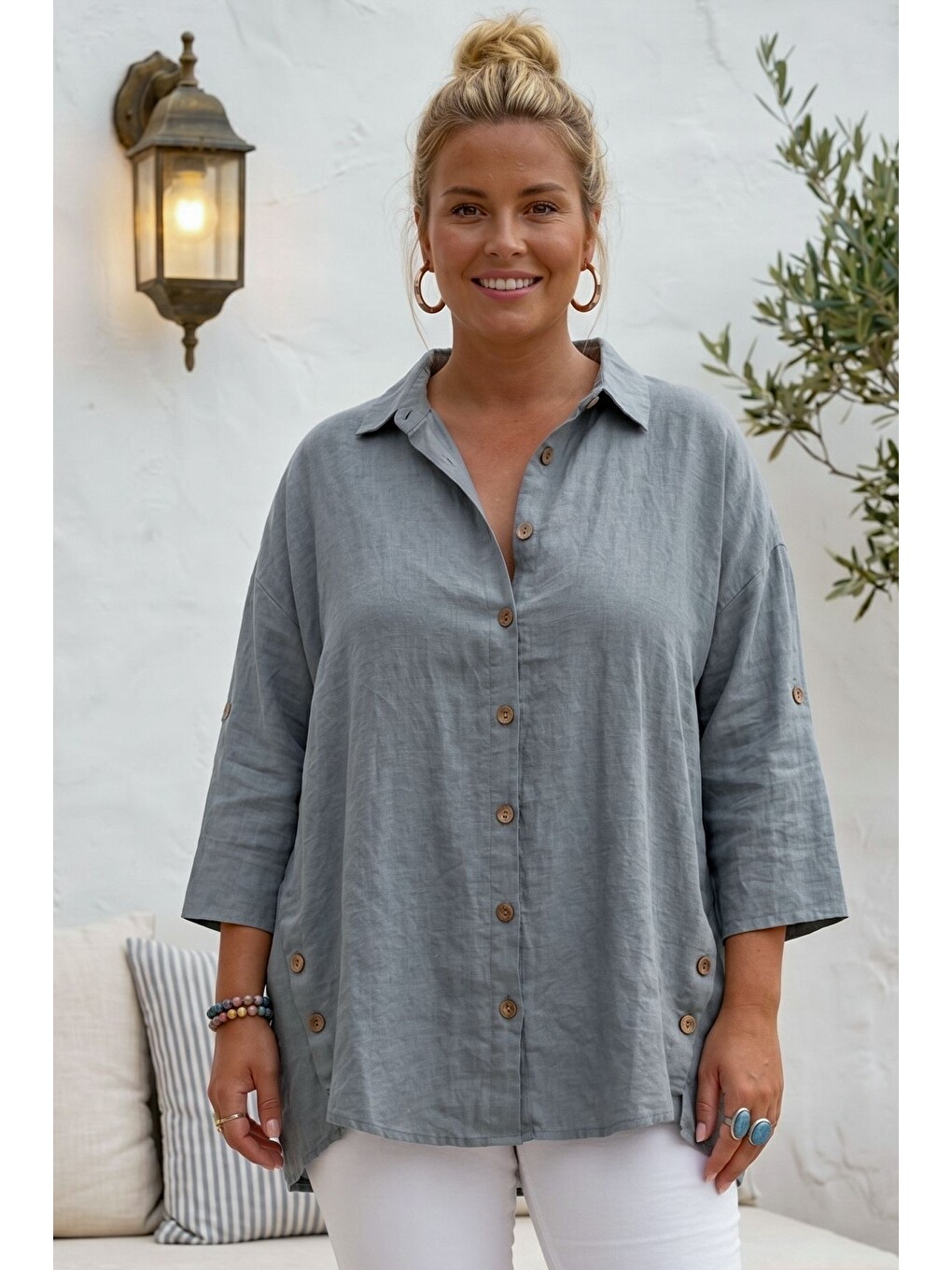 Gri Gömlek Yaka 3/4 Kol Düğmeli Casual Keten Görünümlü Oversize Dokuma Gömlek 75 72-2