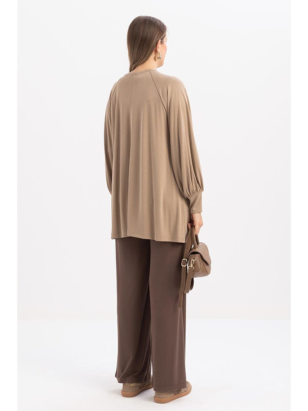 Bej Vizon-Pamuklu Kolları Büzgülü Uzun Kollu Elastanlı T-Shirt-2