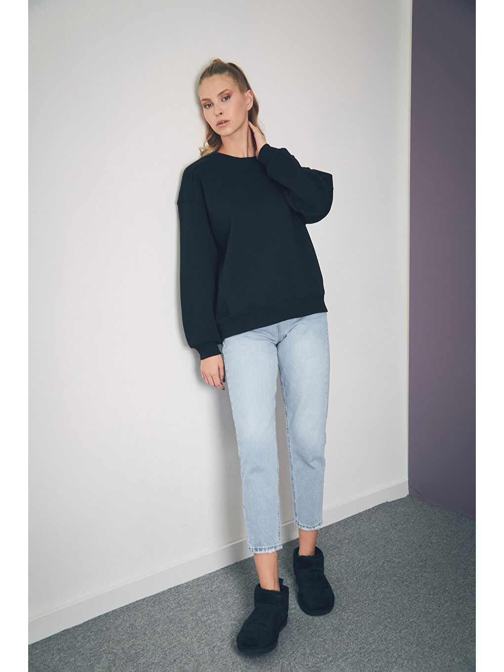 Fullamoda Siyah Basic Bisiklet Yaka Sweatshirt - 3