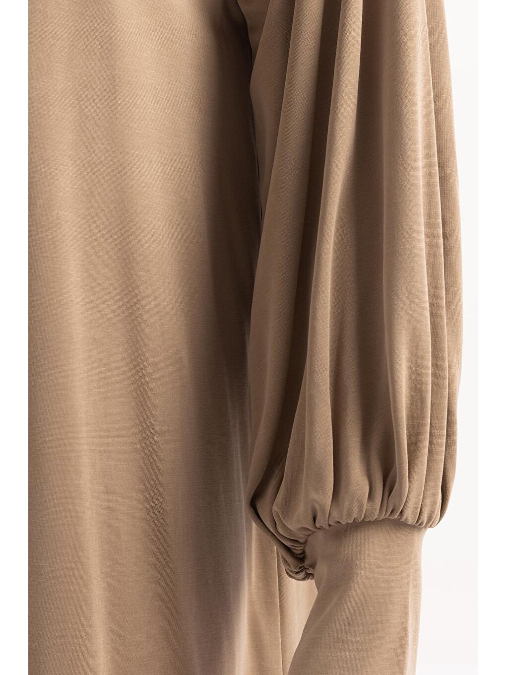 Bej Vizon-Pamuklu Kolları Büzgülü Uzun Kollu Elastanlı T-Shirt-3