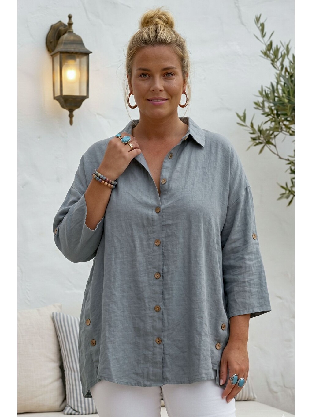Gri Gömlek Yaka 3/4 Kol Düğmeli Casual Keten Görünümlü Oversize Dokuma Gömlek 75 72-3