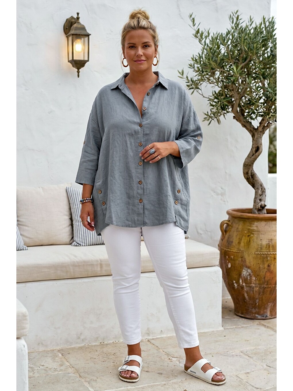 Gri Gömlek Yaka 3/4 Kol Düğmeli Casual Keten Görünümlü Oversize Dokuma Gömlek 75 72-4