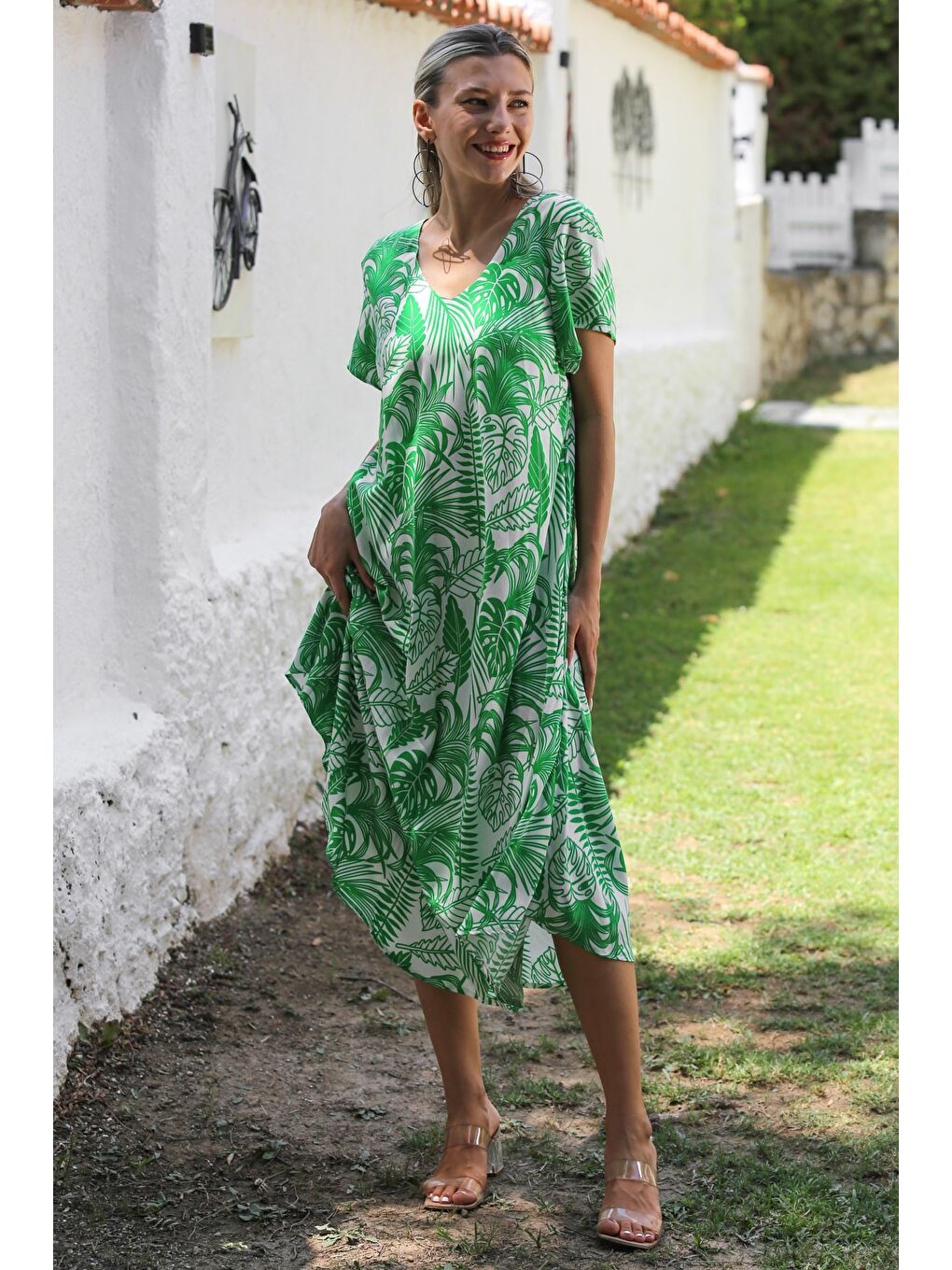 Yeşil V Yaka Düşük Kol Allover Baskılı Dokuma Casual Elbise-2