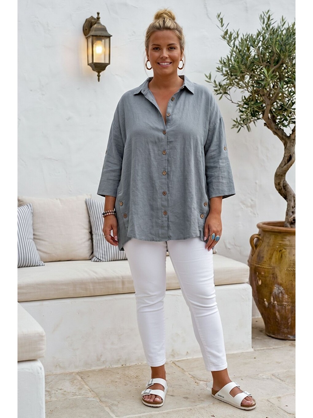Gri Gömlek Yaka 3/4 Kol Düğmeli Casual Keten Görünümlü Oversize Dokuma Gömlek 75 72-5