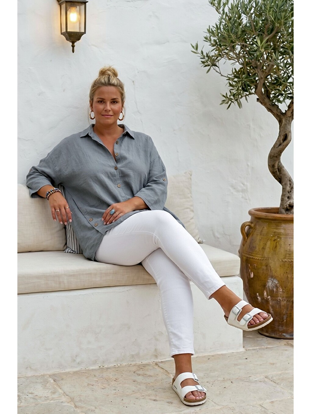 Gri Gömlek Yaka 3/4 Kol Düğmeli Casual Keten Görünümlü Oversize Dokuma Gömlek 75 72-6