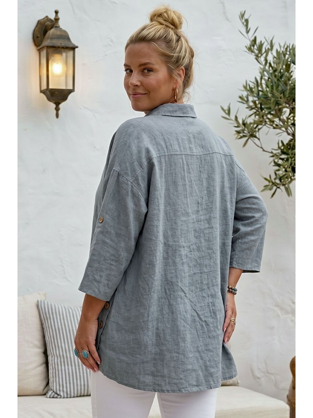 Gri Gömlek Yaka 3/4 Kol Düğmeli Casual Keten Görünümlü Oversize Dokuma Gömlek 75 72-7