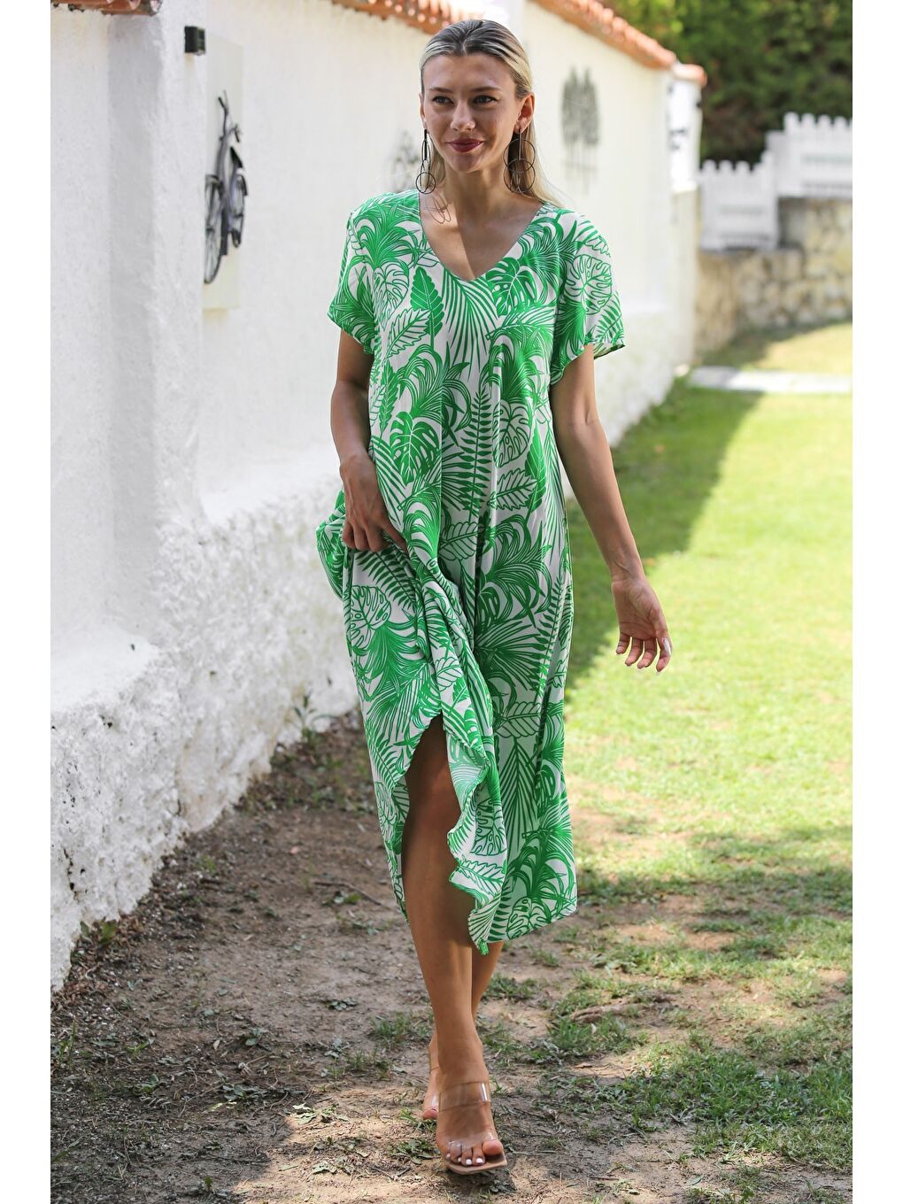 Yeşil V Yaka Düşük Kol Allover Baskılı Dokuma Casual Elbise-3